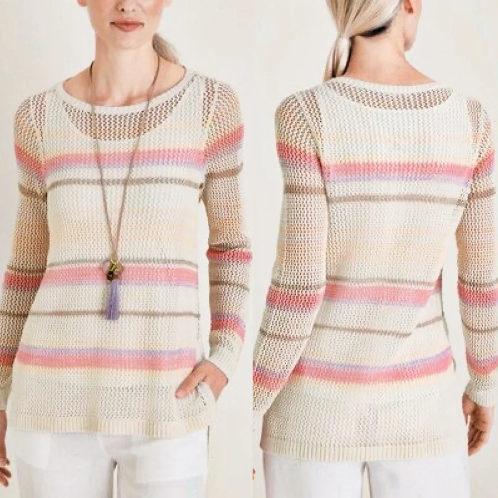 Chico’s Textured Striped Sweater Size XL Open Weave Scoop Neck Side Slits EUC